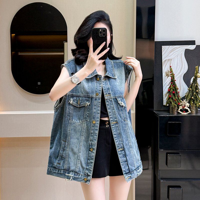 봄여름 여성 루즈핏 중장기장 데님 베스트 워싱 스트릿 버튼 포켓 블루 - 상품 이미지