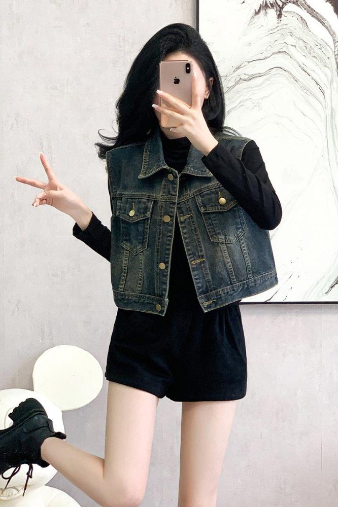 봄가을 여성 루즈핏 크롭 데님 워싱 빈티지 버튼 포켓 그레이 - 상세 이미지 5