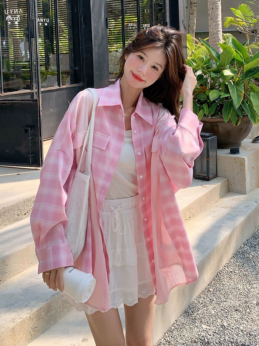 핑크 체크 오버핏 난방 재킷 아우터형 - 상세 이미지 4