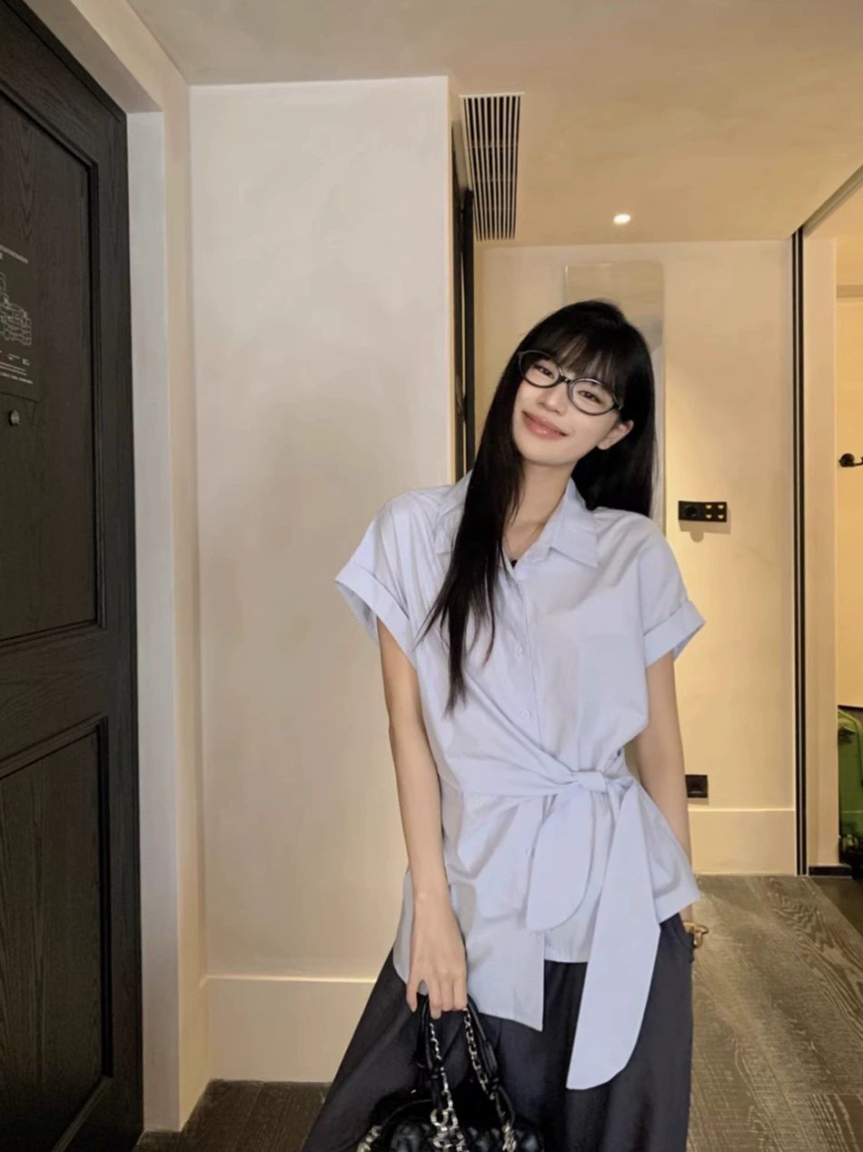 여성 반팔 셔츠 슬림핏 허리 끈 페미닌 카라 이미지 6