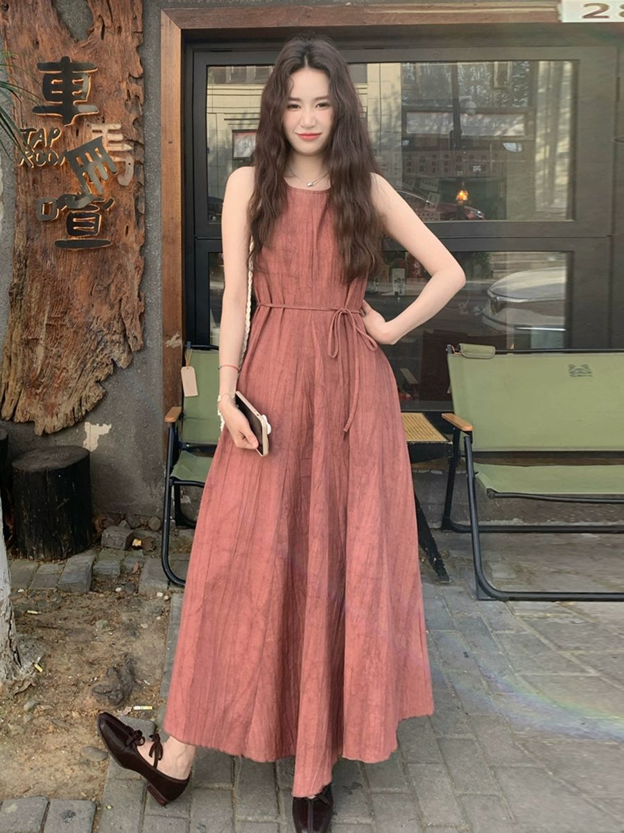 핑크 타이다이 민소매 롱 원피스 시원해보이는 - 상세 이미지 2