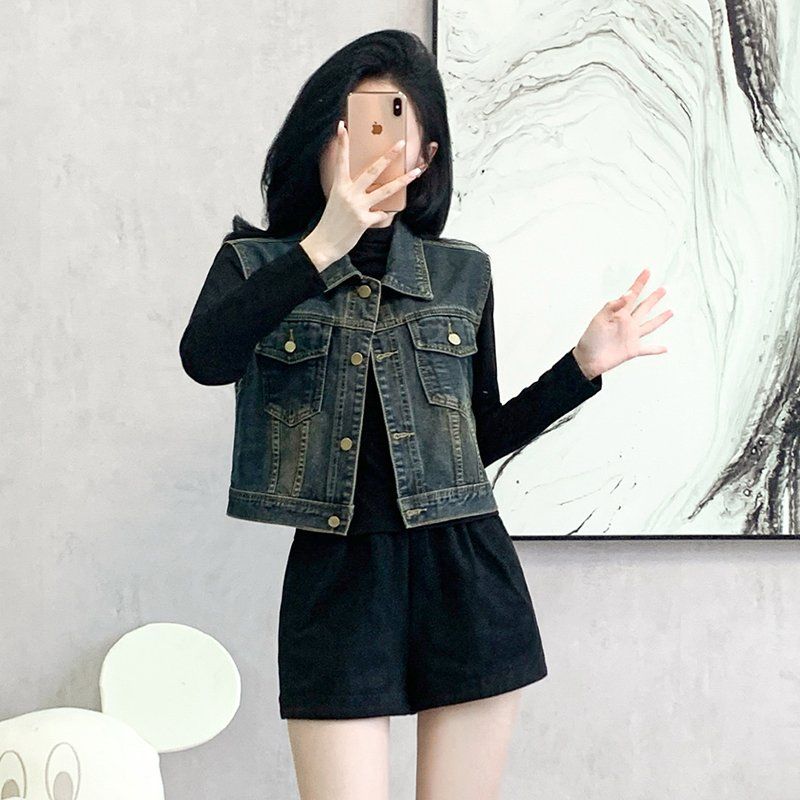 봄가을 여성 루즈핏 크롭 데님 워싱 빈티지 버튼 포켓 그레이 - 상세 이미지 2
