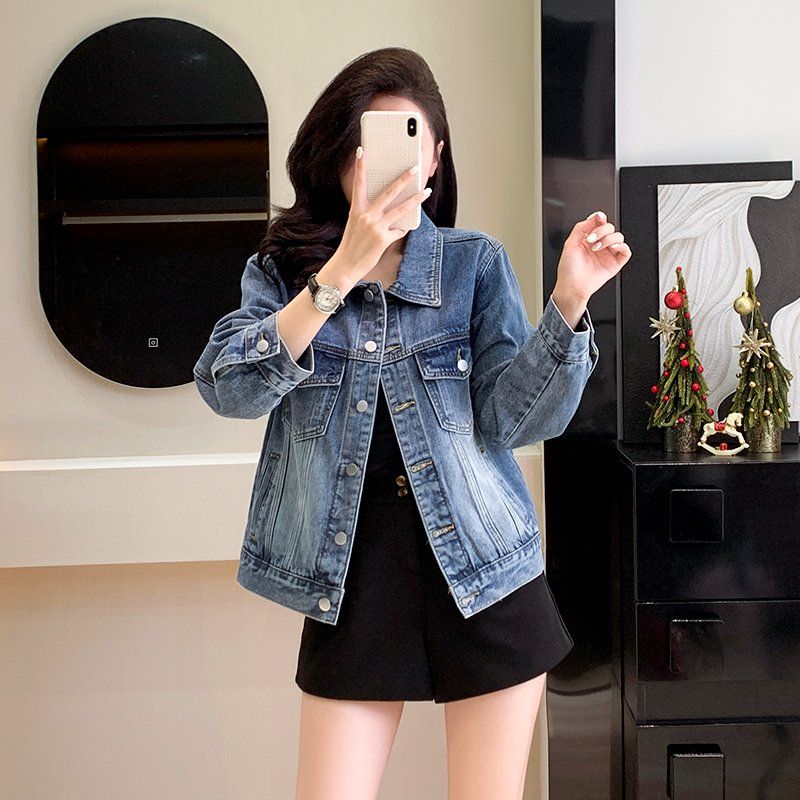 봄가을 여성 루즈핏 데님 자켓 워싱 빈티지 버튼 포켓 간절기 아우터 블루 - 상세 이미지 4