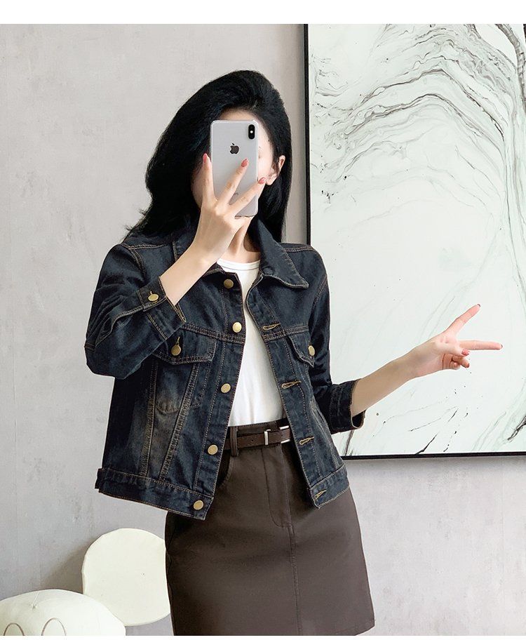 봄가을 여성 루즈핏 크롭 데님 자켓 워싱 빈티지 버튼 포켓 간절기 아우터 블랙 - 상세 이미지 4