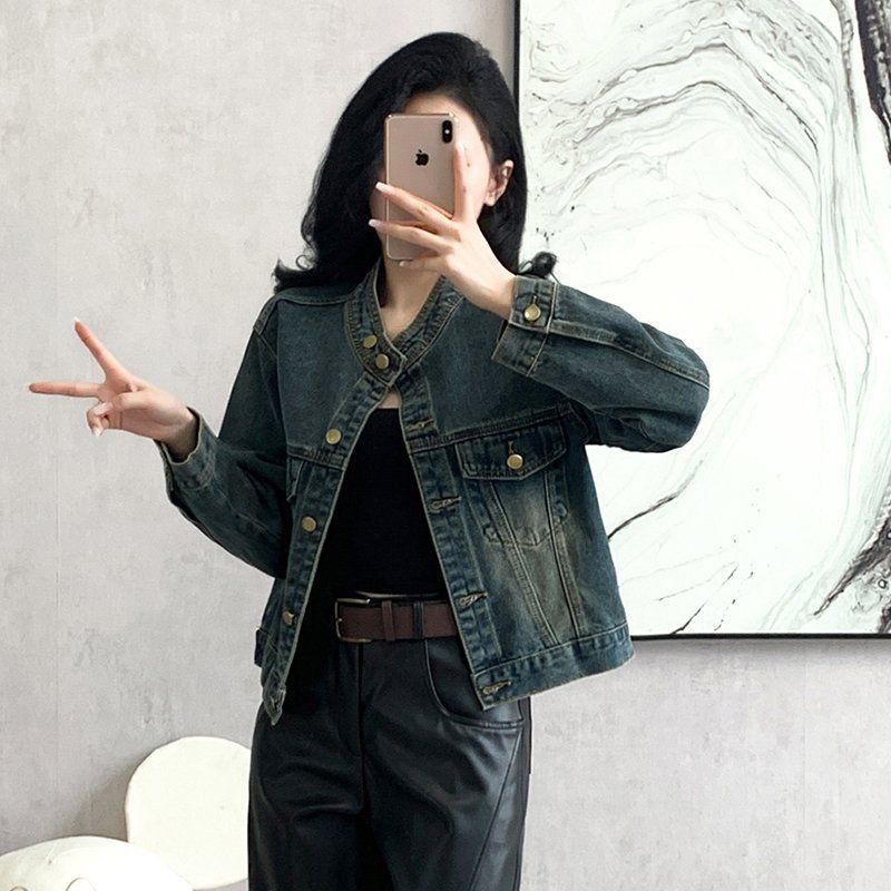 여성 봄 가을 루즈핏 워싱 노카라 데님 자켓 버튼 포켓 간절기 아우터 딥블루 - 상세 이미지 2