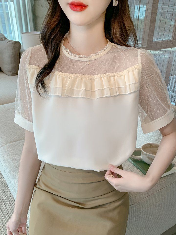 여성 여름 라운드넥 블라우스 도트 시스루 프릴 반팔 데일리 여성스러운 아이보리 - 상세 이미지 3