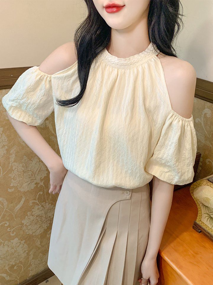 봄 여름 여성 오프숄더 홀터넥 퍼프소매 셔링 블라우스 빅사이즈 루즈핏 데일리룩 아이보리 - 상세 이미지 2