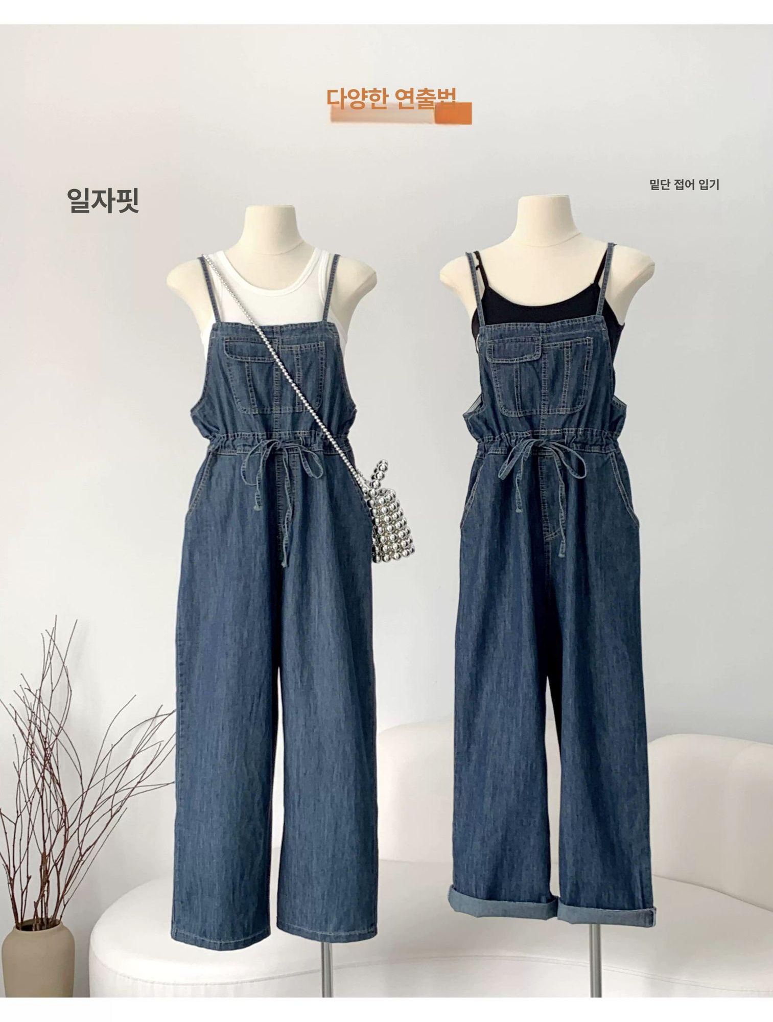 점프슈트코디 데님 끈 청바지 허리 스트링 점프 슈트 얇은끈 멜빵 바지 이미지 6