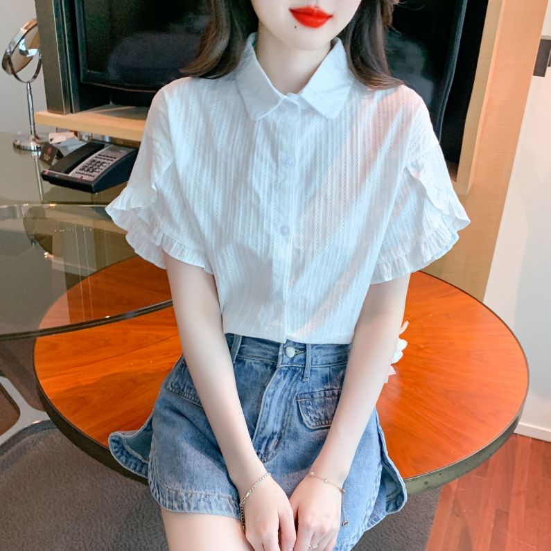 봄 여름 여성 스트레이트핏 플레어소매 펀칭 반팔 셔츠 블라우스 빅사이즈 데일리룩 화이트 - 상세 이미지 3