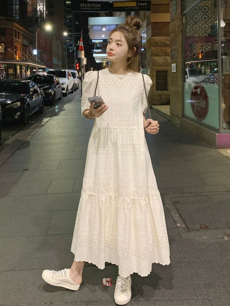 플라워 자수 레이스 펀칭 아일렛 원피스 퍼프 루즈핏 펀칭 반팔 - 상세 이미지 3