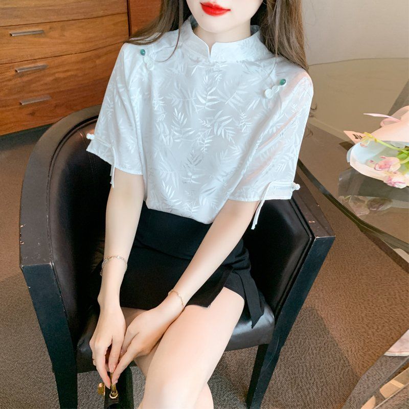 봄 여름 여성 스트레이트핏 차이나카라 자카드 반팔 블라우스 빅사이즈 오리엔탈무드 화이트 - 상품 이미지
