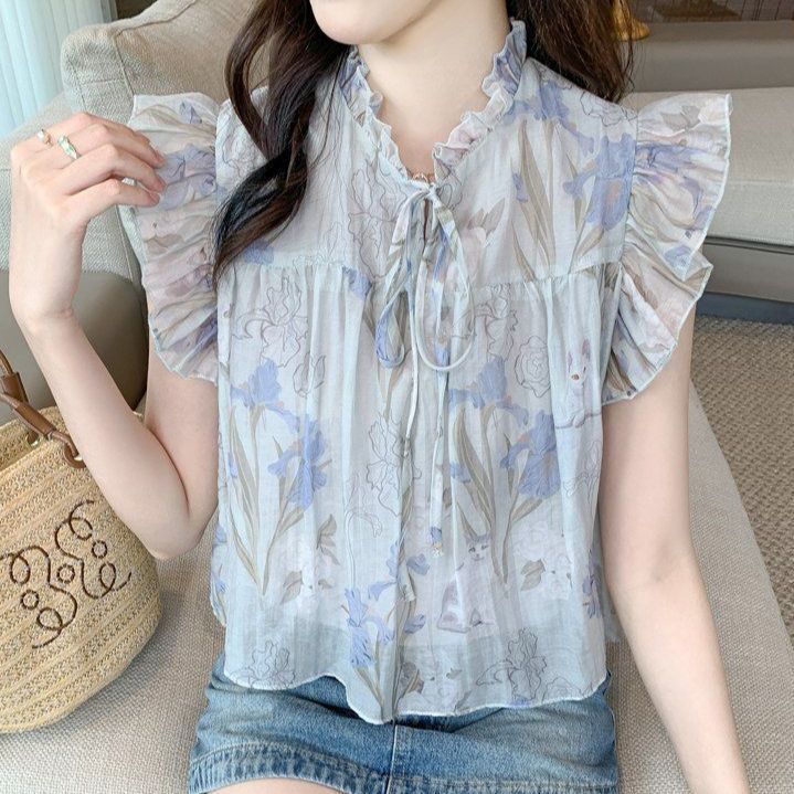 봄 여름 여성 빅사이즈 플라워 러플넥 리본 민소매 블라우스 루즈핏 스카이블루 플라워 - 메인 이미지