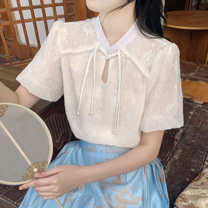 봄 여름 여성 빅사이즈 시스루 플라워 진주장식 퍼프소매 리본 블라우스 아이보리 플라워 - 상품 이미지
