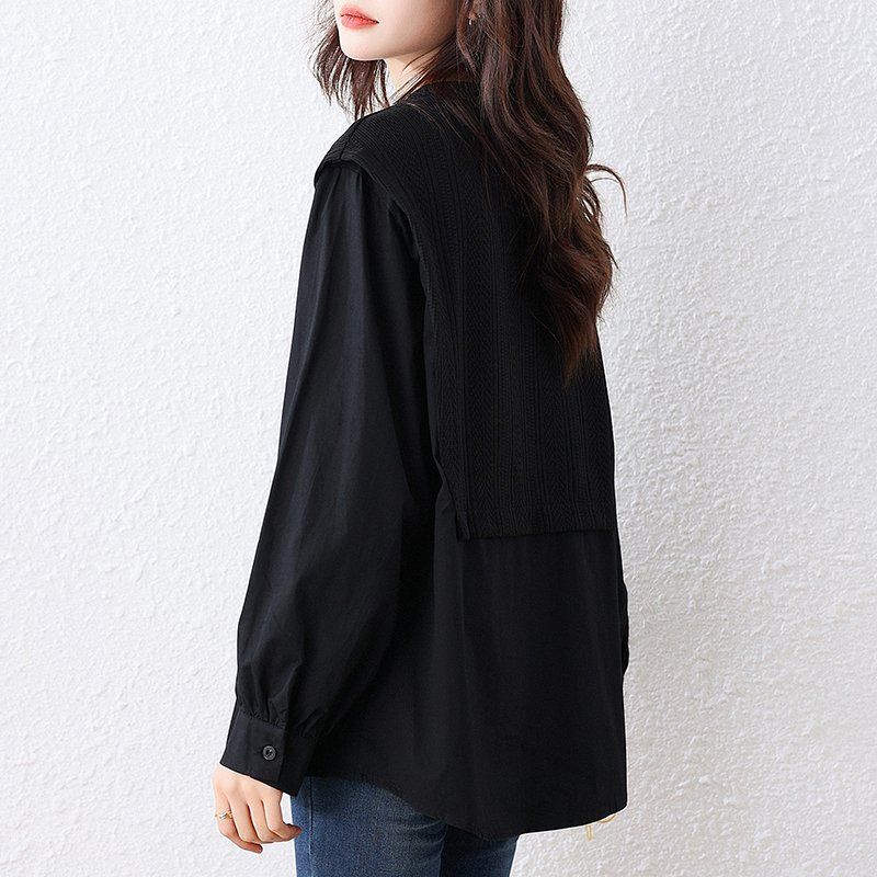 여성 봄 가을 빅사이즈 루즈핏 니트조끼 레이어드 셔츠 블라우스 긴팔 라운드넥 블랙 - 상세 이미지 3