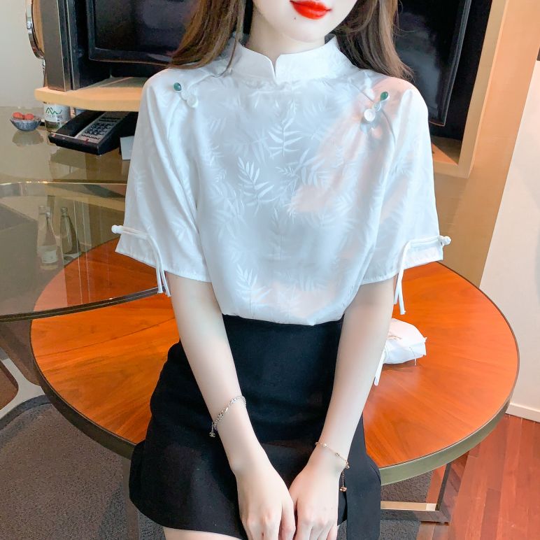 봄 여름 여성 스트레이트핏 차이나카라 자카드 반팔 블라우스 빅사이즈 오리엔탈무드 화이트 - 상세 이미지 4