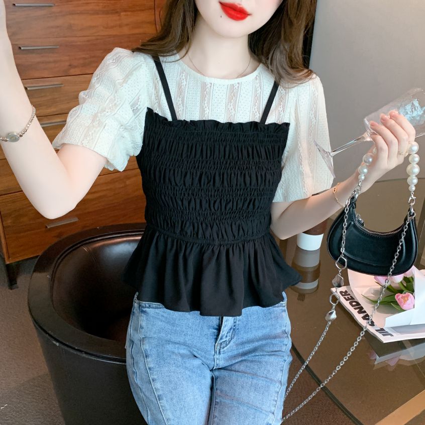 봄 여름 여성 슬림핏 레이어드룩 뷔스티에 펀칭 반팔 블라우스 데일리룩 블랙 아이보리 - 상세 이미지 3
