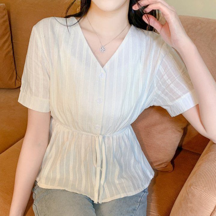봄 여름 여성 빅사이즈 브이넥 허리스트링 페플럼 반팔 블라우스 슬림핏 화이트 - 상품 이미지