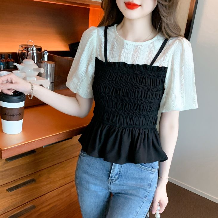봄 여름 여성 슬림핏 레이어드룩 뷔스티에 펀칭 반팔 블라우스 데일리룩 블랙 아이보리 - 상세 이미지 2