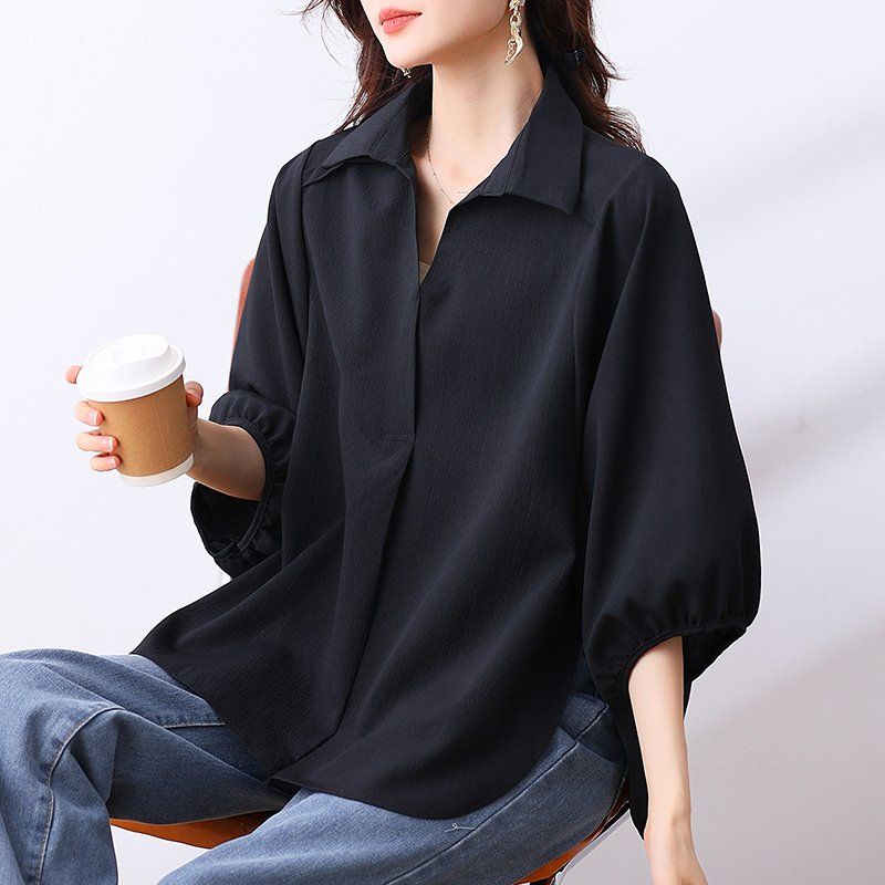 여성 봄 가을 빅사이즈 루즈핏 브이넥 셔츠 블라우스 7부소매 벌룬 언발란스 쉬폰 블랙 - 상세 이미지 2