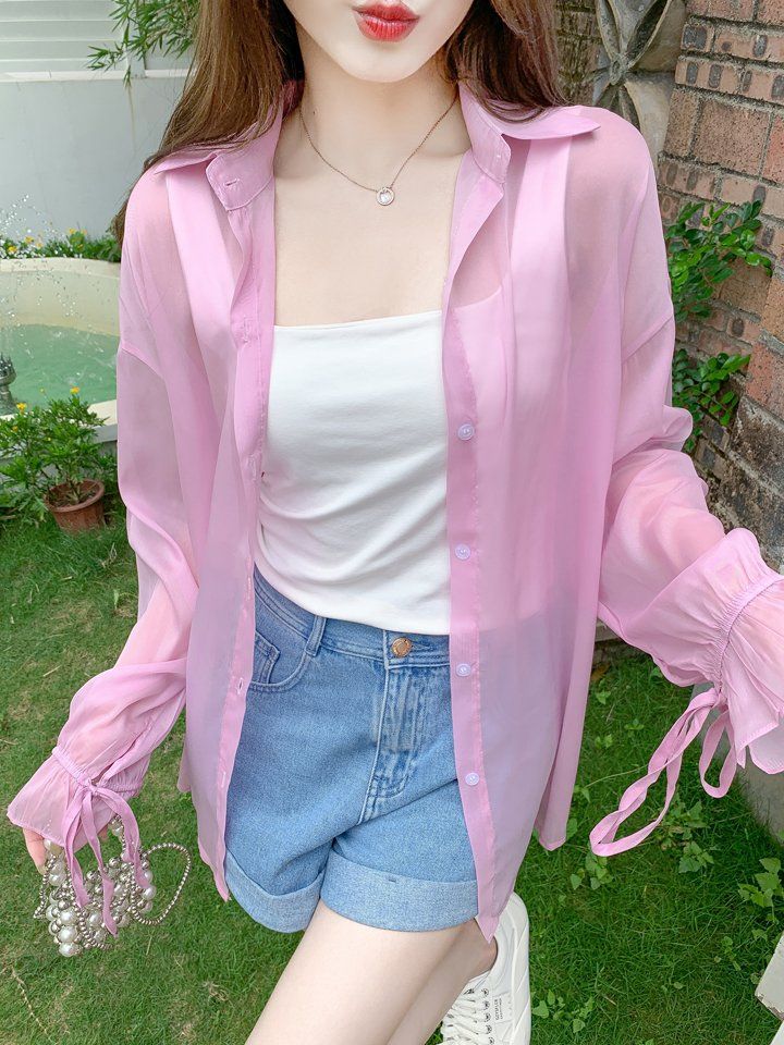 여성 봄 여름 루즈핏 시스루 카라 긴팔 롱 블라우스 소매 스트링 얇은 데일리 오피스룩 핑크 - 상세 이미지 4
