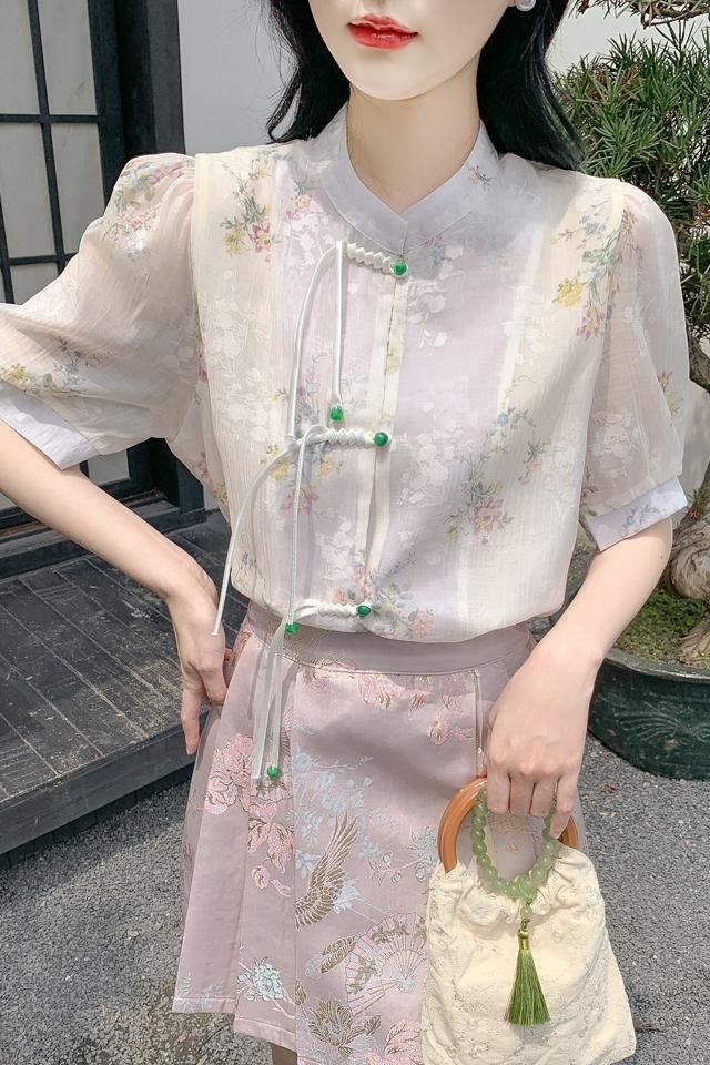 봄 여름 여성 빅사이즈 시스루 플라워 차이나카라 반팔 블라우스 아이보리 플라워 - 상세 이미지 5