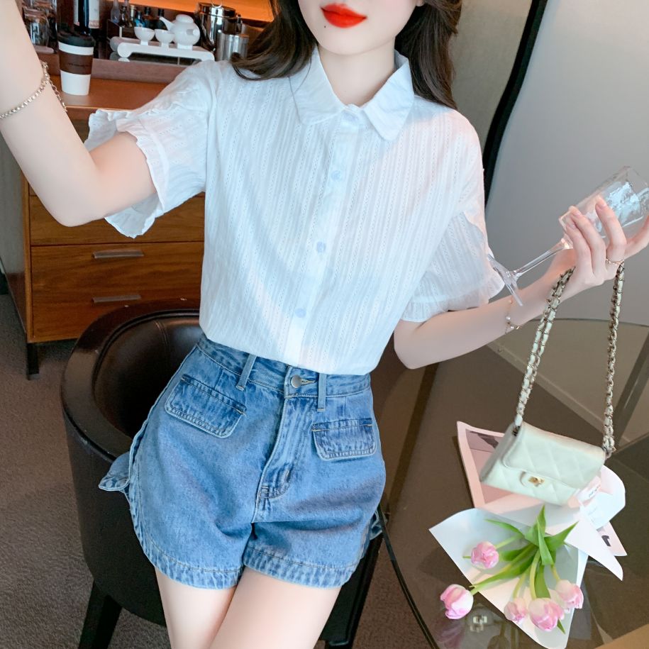 봄 여름 여성 스트레이트핏 플레어소매 펀칭 반팔 셔츠 블라우스 빅사이즈 데일리룩 화이트 - 상세 이미지 2