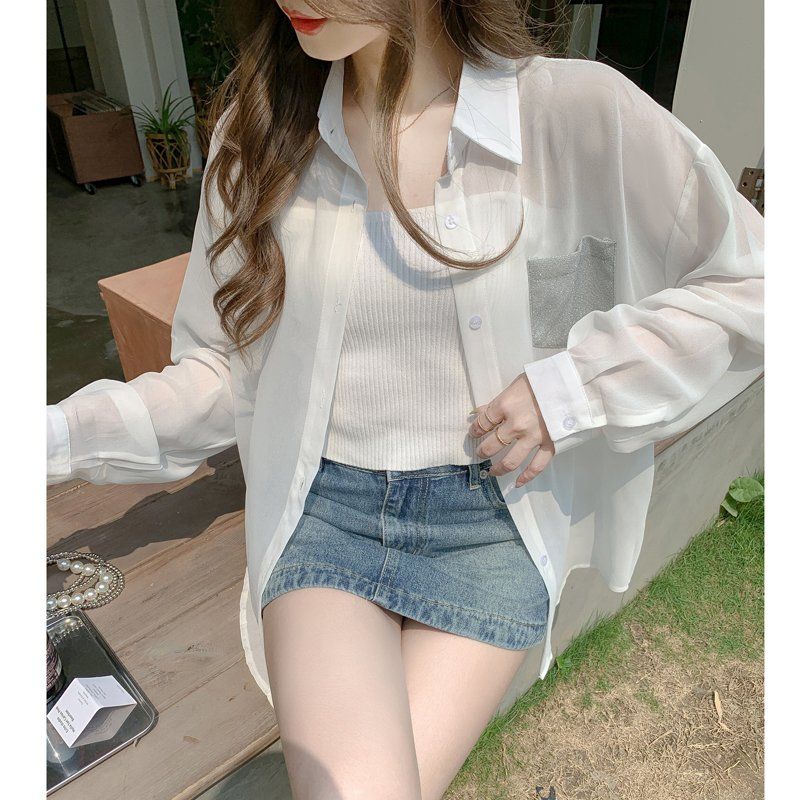 여성 여름 루즈핏 오버핏 시스루 긴팔 셔츠 블라우스 포켓 펄 장식 데일리 화이트 - 상세 이미지 4