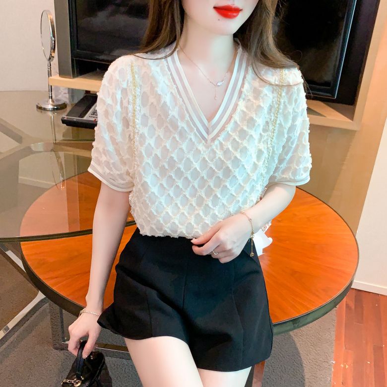 봄 여름 여성 스트레이트핏 V넥 배색 시스루 반팔 블라우스 빅사이즈 오피스룩 아이보리 - 상세 이미지 3
