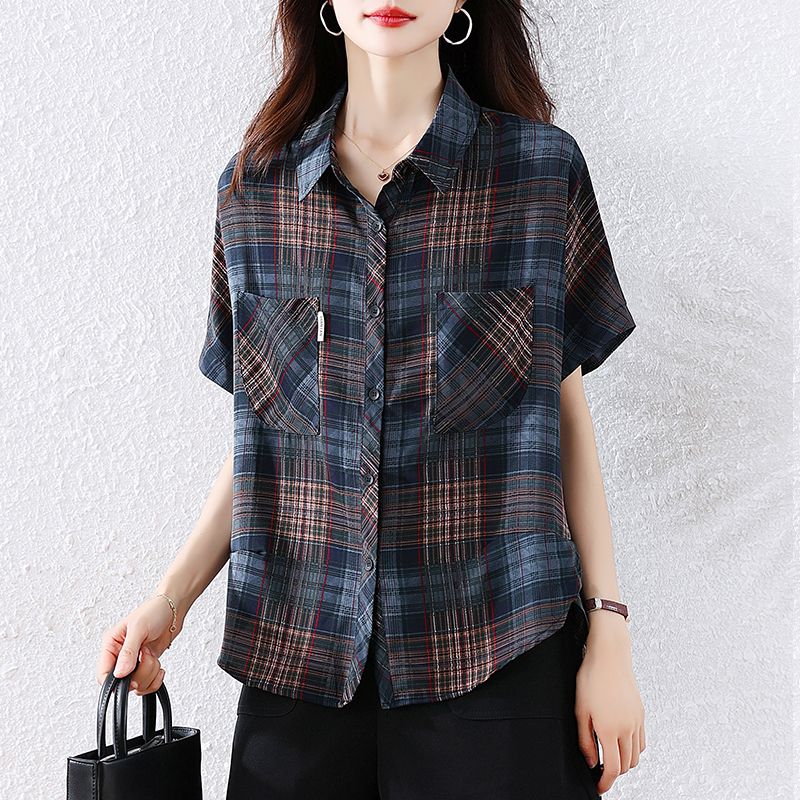 여성 봄 여름 빅사이즈 루즈핏 체크 셔츠 블라우스 반팔 카라 포켓 언발란스 블루 체크 - 상세 이미지 2