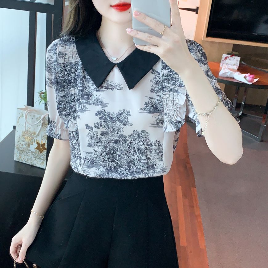 봄 여름 여성 스트레이트핏 피터팬카라 러플소매 패턴 블라우스 빅사이즈 데일리룩 블랙 화이트 - 상세 이미지 4