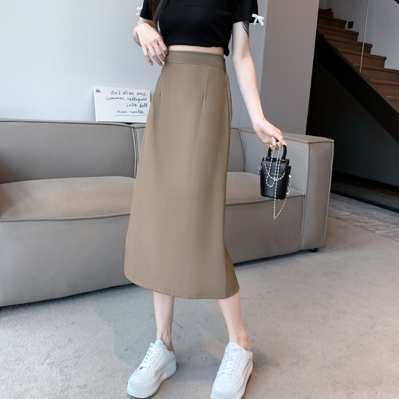 봄 여름 여성 하이웨스트 뒷밴딩 A라인 미디 스커트 빅사이즈 데일리룩 오피스룩 카키 - 상세 이미지 2