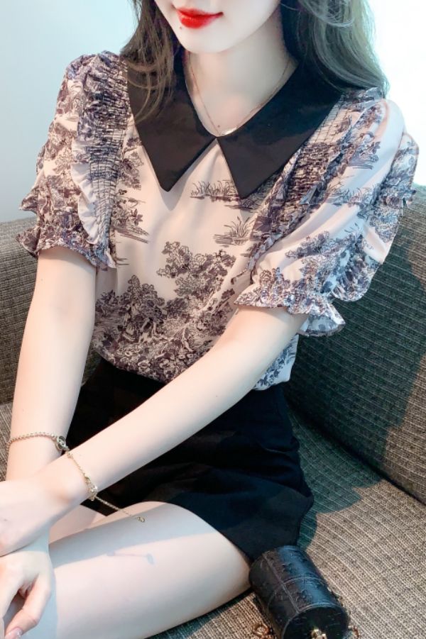 봄 여름 여성 스트레이트핏 피터팬카라 러플소매 패턴 블라우스 빅사이즈 데일리룩 블랙 화이트 - 상세 이미지 5