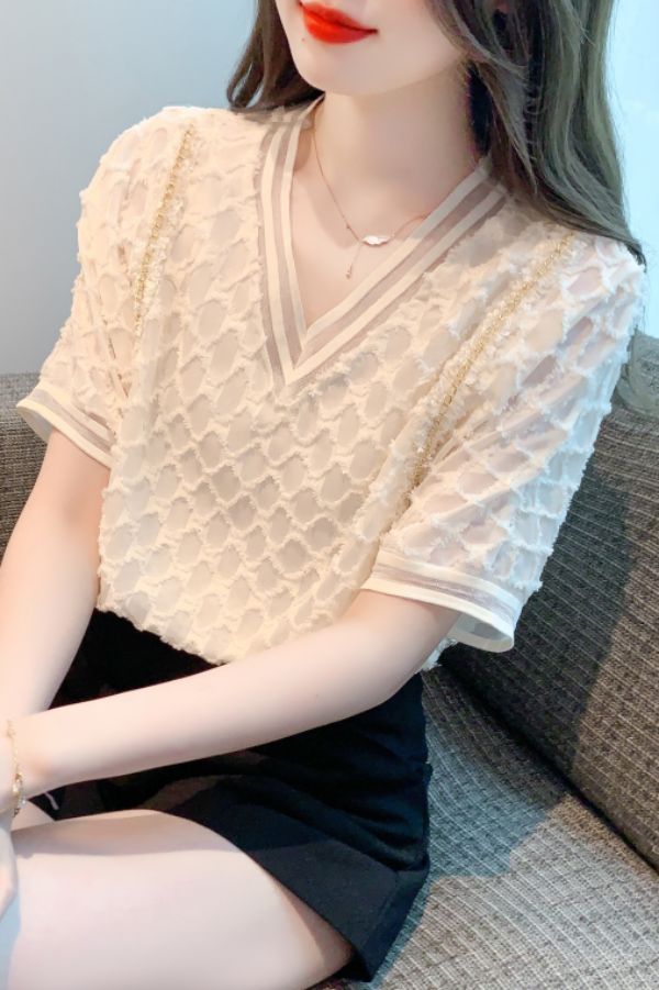 봄 여름 여성 스트레이트핏 V넥 배색 시스루 반팔 블라우스 빅사이즈 오피스룩 아이보리 - 상세 이미지 5