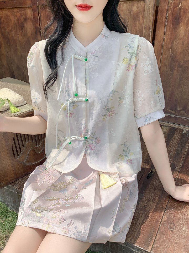 봄 여름 여성 빅사이즈 시스루 플라워 차이나카라 반팔 블라우스 아이보리 플라워 - 상세 이미지 4
