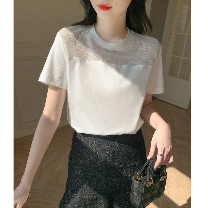 봄 여름 여성 기본핏 스팽글 시스루 포인트 데일리룩 반팔 티셔츠 화이트 - 상세 이미지 5