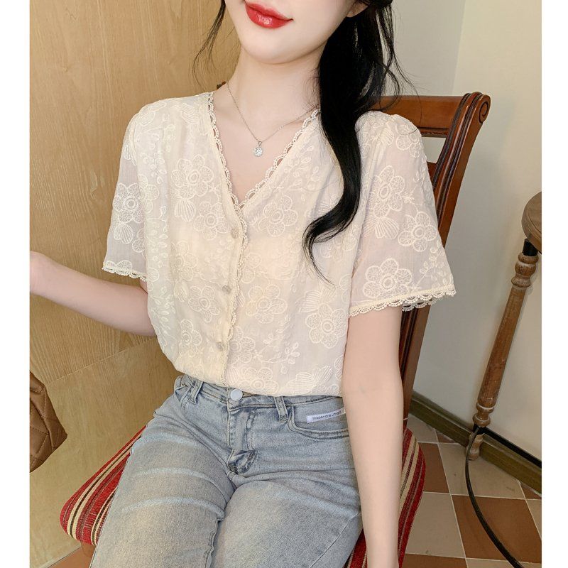 봄 여름 여성 빅사이즈 플라워 자수 레이스 브이넥 반팔 블라우스 아이보리 - 상세 이미지 5