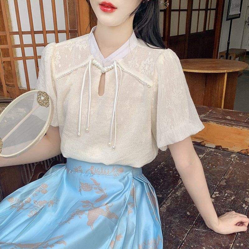 봄 여름 여성 빅사이즈 시스루 플라워 진주장식 퍼프소매 리본 블라우스 아이보리 플라워 - 상세 이미지 5