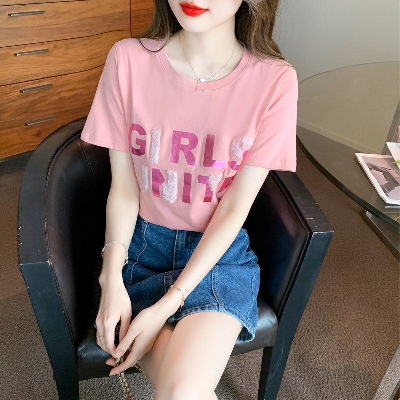 봄 여름 여성 스트레이트핏 라운드넥 레터링 반팔 티셔츠 빅사이즈 데일리룩 핑크 - 메인 이미지