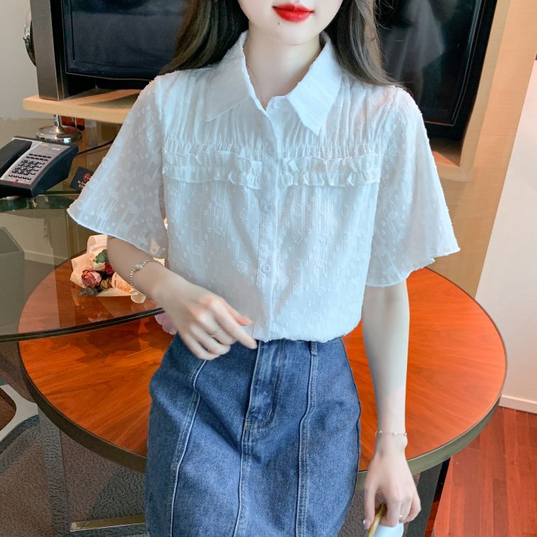봄 여름 여성 스트레이트핏 폴로카라 플레어소매 셔링 반팔 셔츠 블라우스 빅사이즈 화이트 - 상세 이미지 4