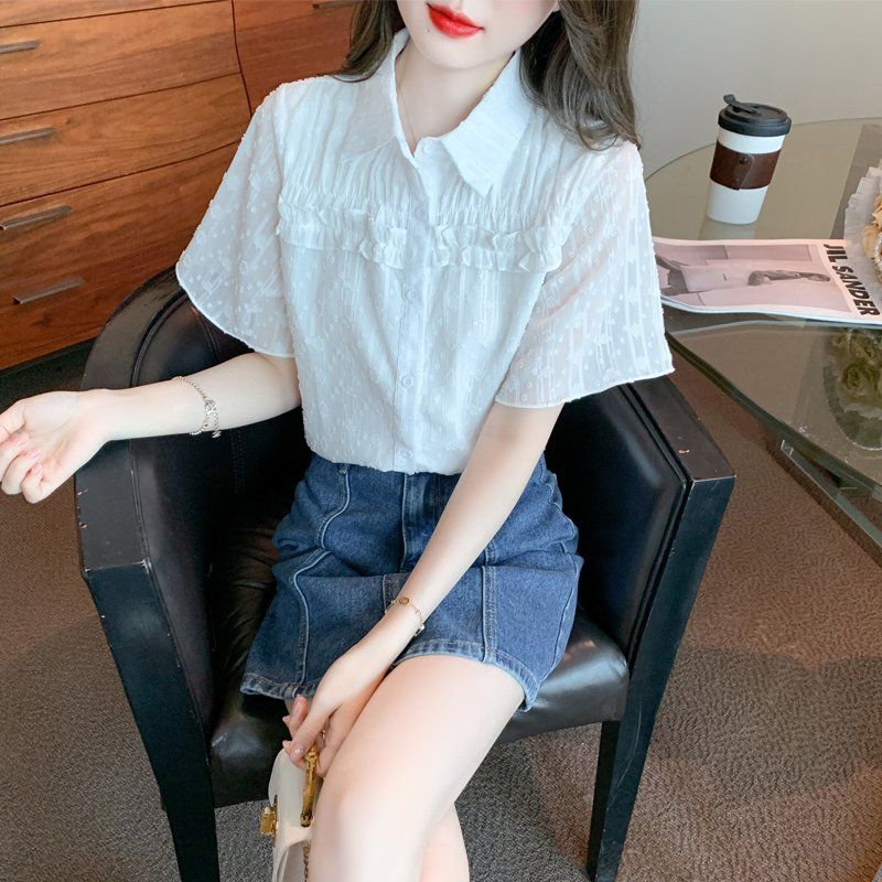 봄 여름 여성 스트레이트핏 폴로카라 플레어소매 셔링 반팔 셔츠 블라우스 빅사이즈 화이트 - 상세 이미지 5