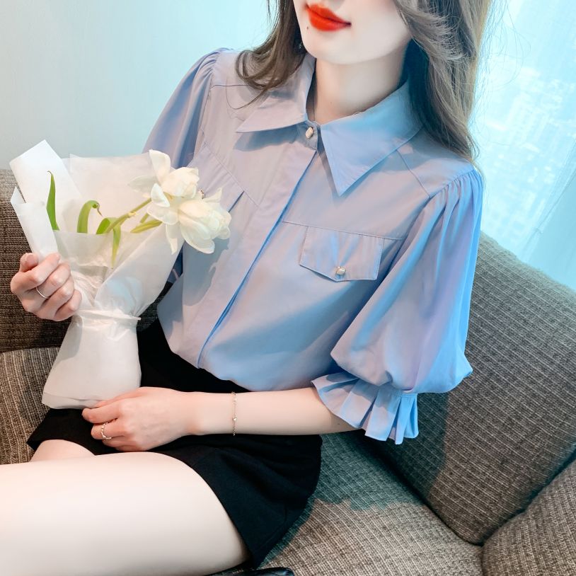 봄 여름 여성 스트레이트핏 라운드넥 퍼프소매 반팔 셔츠 블라우스 빅사이즈 데일리룩 블루 - 상세 이미지 3