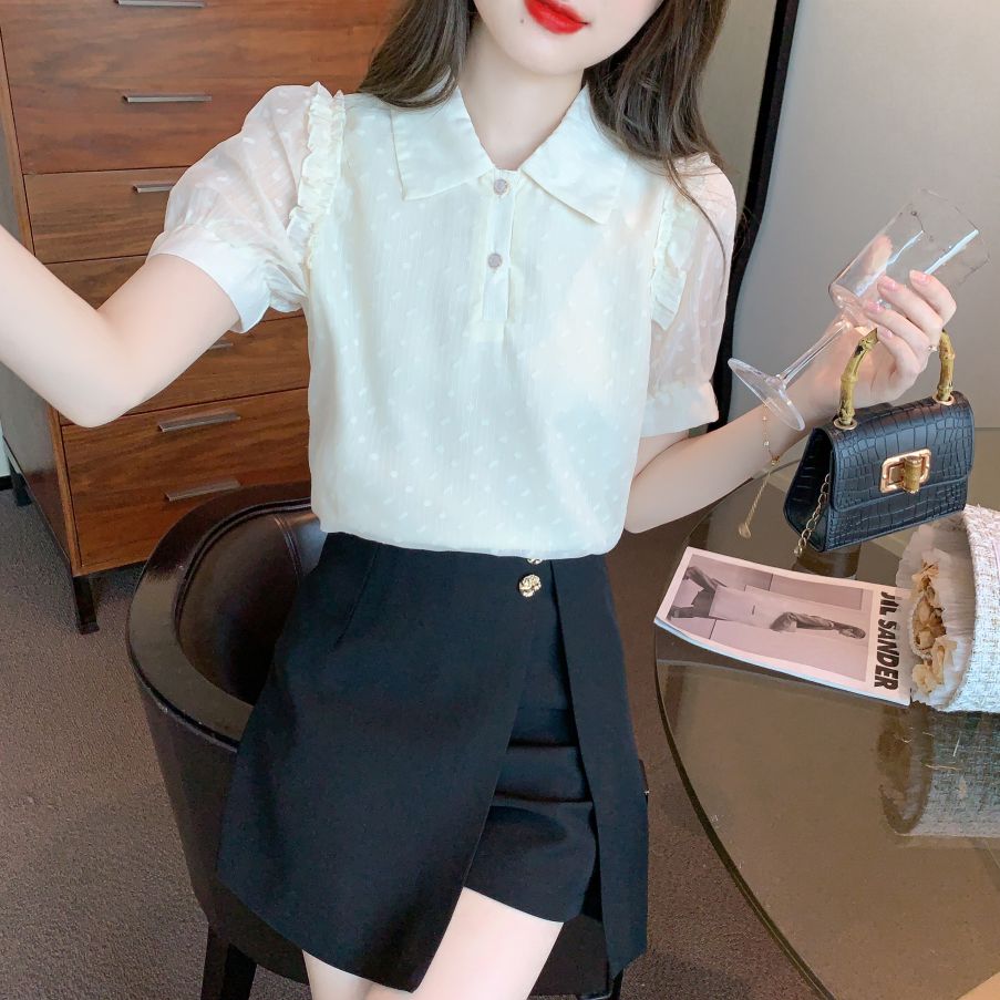 봄 여름 여성 스트레이트핏 폴로카라 퍼프소매 러플 반팔 블라우스 빅사이즈 데일리룩 아이보리 - 상세 이미지 3