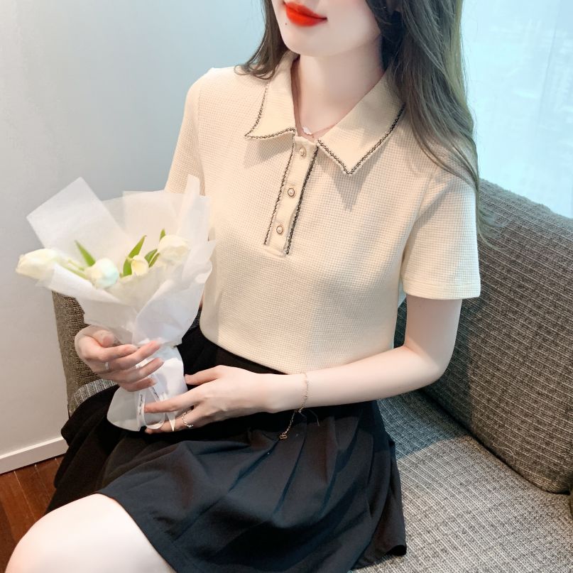 봄 여름 여성 스트레이트핏 폴로카라 배색 스티치 반팔 티셔츠 빅사이즈 데일리룩 아이보리 - 상세 이미지 4