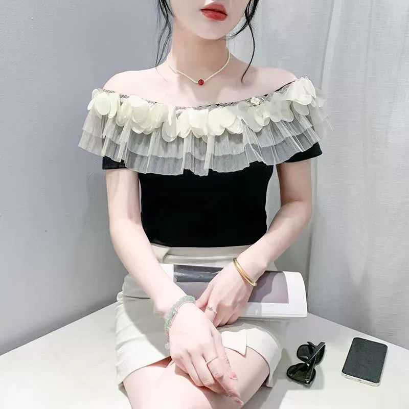 프릴 댄스상의 여름 방송 댄스옷 사교댄스복 라인 - 상세 이미지 3