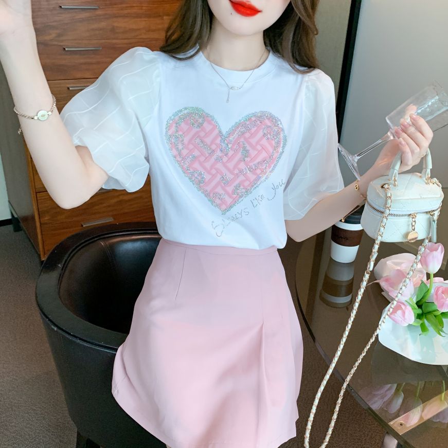 봄 여름 여성 스트레이트핏 라운드넥 하트 큐빅 시스루 퍼프 반팔 티셔츠 화이트 - 상세 이미지 3