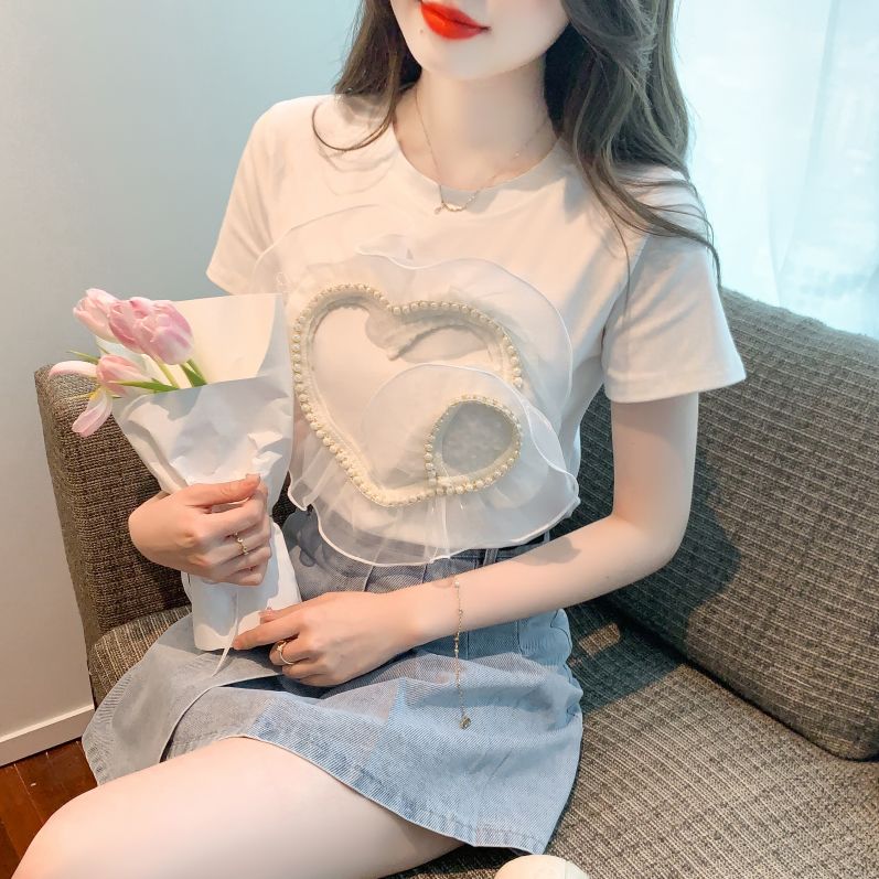 봄 여름 여성 루즈핏 라운드넥 하트 진주장식 반팔 티셔츠 빅사이즈 데일리룩 화이트 - 상세 이미지 3