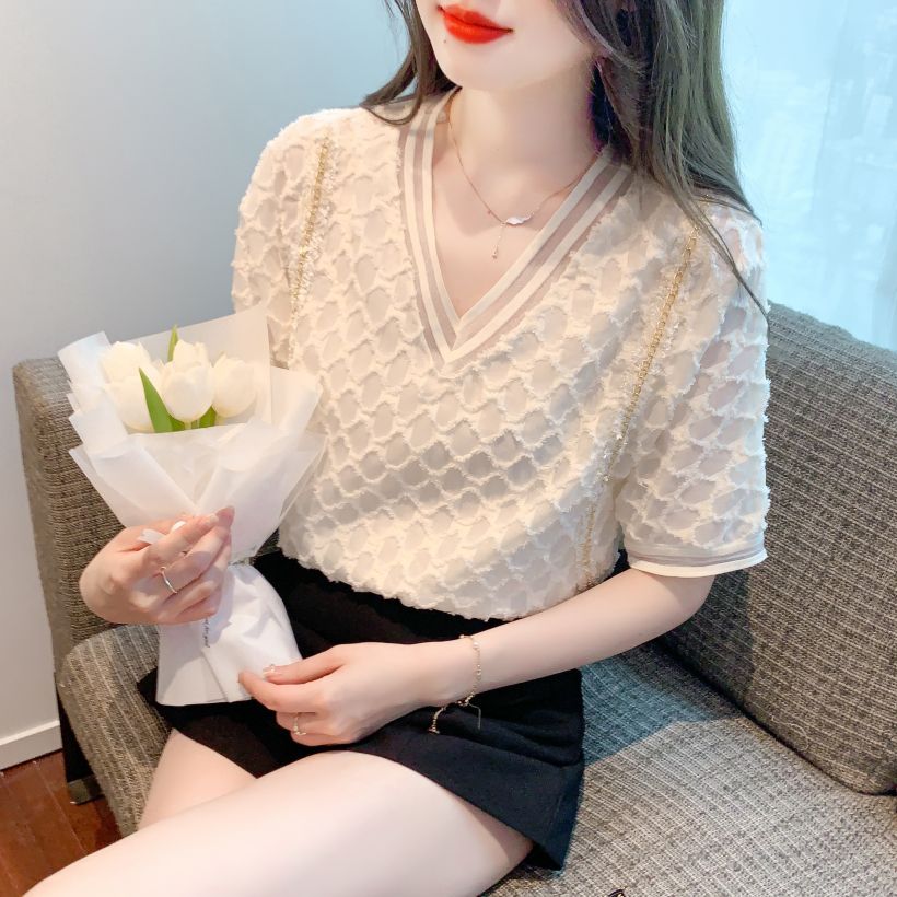 봄 여름 여성 스트레이트핏 V넥 배색 시스루 반팔 블라우스 빅사이즈 오피스룩 아이보리 - 상세 이미지 4