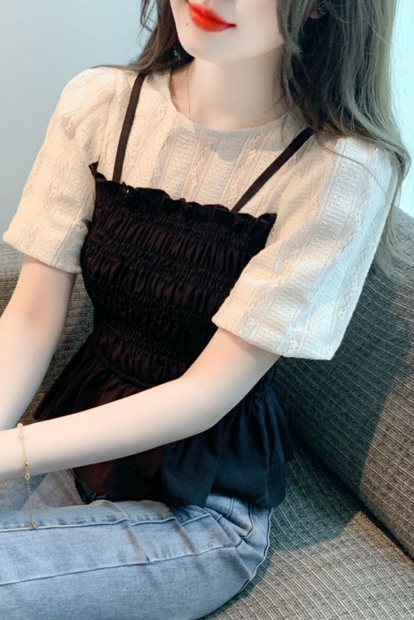 봄 여름 여성 슬림핏 레이어드룩 뷔스티에 펀칭 반팔 블라우스 데일리룩 블랙 아이보리 - 상세 이미지 5