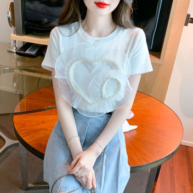 봄 여름 여성 루즈핏 라운드넥 하트 진주장식 반팔 티셔츠 빅사이즈 데일리룩 화이트 - 상세 이미지 4