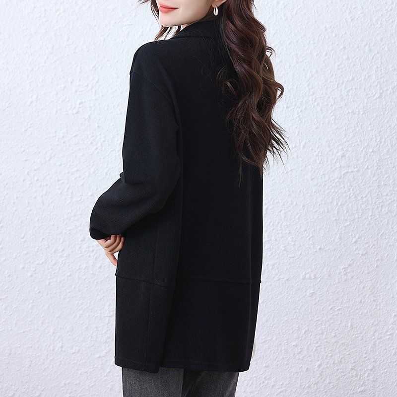 여성 봄 가을 빅사이즈 루즈핏 반집업 니트 긴팔 골지 카라넥 스판 맨투맨 블랙 - 상세 이미지 3
